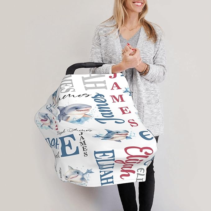 Personalized Baby Car Seat Cover with Name Stroller Canopy Custom Shark Carseat Cover Newborn Baby Boy Girl Nursing Cover for Moms First Birthday Gift
