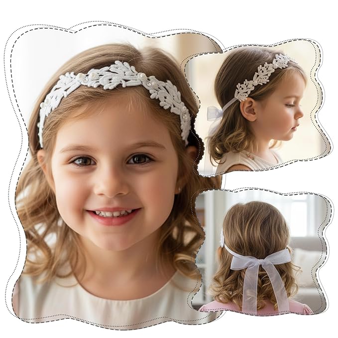 3 Pack White Flower Christening Headbands Elegant Flower Girl Headpiece for Baby Girl Elastic Nylon Soft Lace with Cute Tulle Pearl Hair Strap Baptism Halo Newborns Infants Toddlers 16-24in
