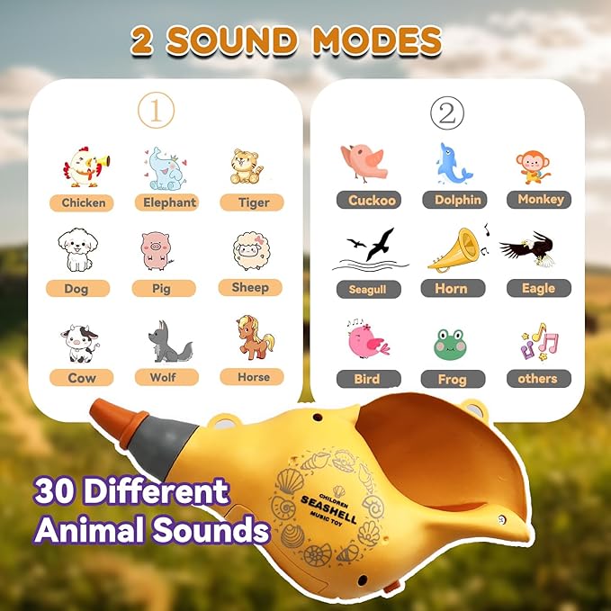 Toys for 3 Years Old Boy Girl Birthday Gift, Music Animal Caller Toy with 30 Realistic Animal Sounds, Early Learning Toy for Kids Todlers with 8" Horn and 3-Level Lights (Orange - Conch)