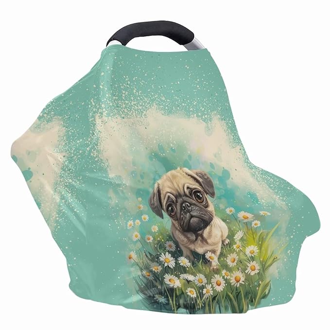 GIFTPUZZ Flower Pug Stretchy Car Seat Cover for Babies, Nursing Cover Breastfeeding Cover, Soft Breathable Infant Carseat Canopy, Shopping Cart/High Chair/Stroller Covers, All Weather Use