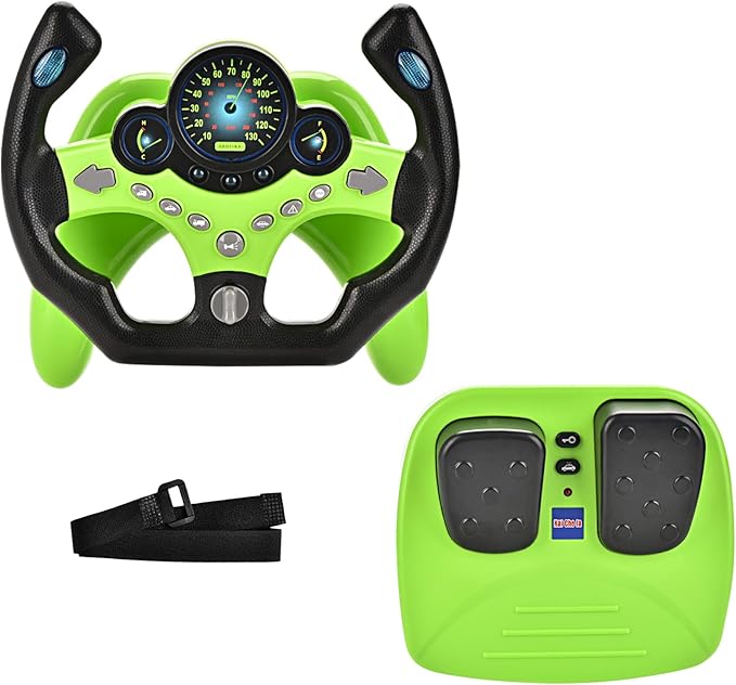 RedCrab Steering Wheels with Brake and Gas Pedals Toy for Kids,Pretend Driving Seat Toys with Light and Music,Simulated Driving for Toddlers,Baby Electric Early Learning Educational Toys (Green)