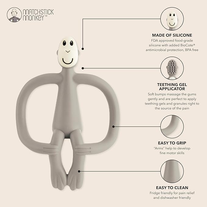 Matchstick Monkey Original Teether & Gel Applicator – Silicone Baby Teether, Easy-to-Grip, BPA-Free, Supports Self-Soothing & Early Brushing, 3 Months+, 4 Inches, Grey
