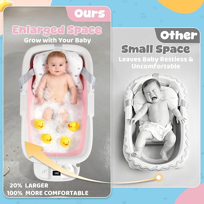 Orzbow Collapsible Baby Bathtub, Large Baby Bath Tub for Newborn with Soft Cushion & Thermometer, Travel Portable Baby Tubs for Infants to Toddler 0-36 Months, 28x16.9 inches, Pink