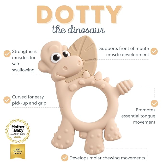 Bibado - Dotty the Dinosaur Teething Toys, Fawn - Multi-Sensory Teether - BPA Free Baby Toy - Strengthen Mouth Muscles & Learn Feeding - Dentist Approved - Baby Essentials & Baby Toys - 3 Months+