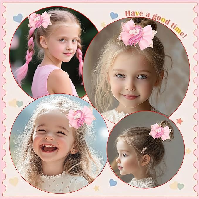 Glitter Unicorn Hair Bows for Girls - 2PCS Sparkly Pink Unicorn Bow, Cute Alligator Hair Clips Barrettes Hair Accessories for Toddler Kids Birthday Party, Princess Costume Gift