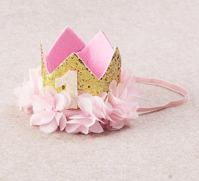 Nishine Gold Glitter Crown Headband Pink Flower Crown Tiara Hairband for Baby Birthday Party Supplies Photo Props (Chiffon& 1)