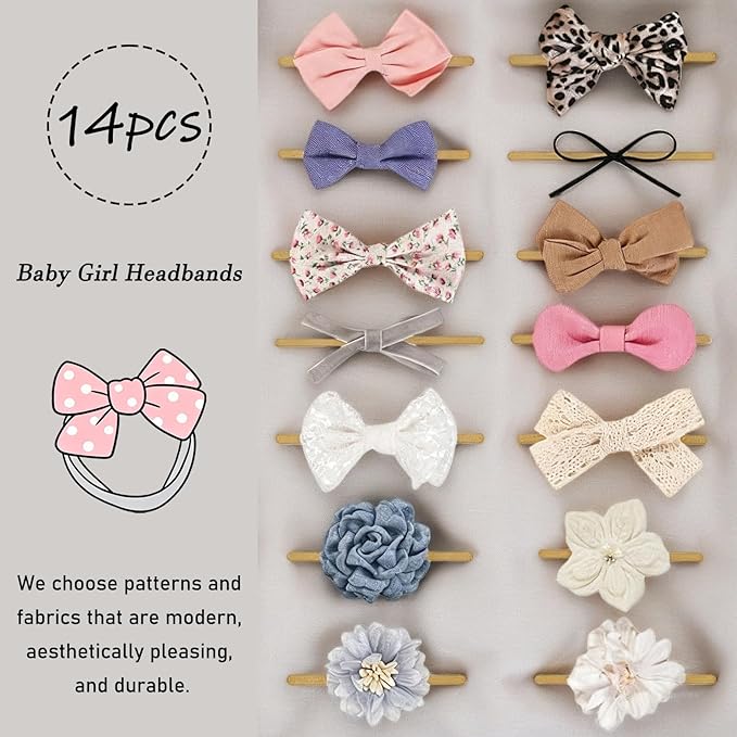 14 Pcs Baby Girl Headband Bows Soft Nylon Hairbands With Hair Bows Elastics Linen Handmade Toddler Hair Accessories For Girls Newborns Infants And Kids. (Flower Bows, Mid)