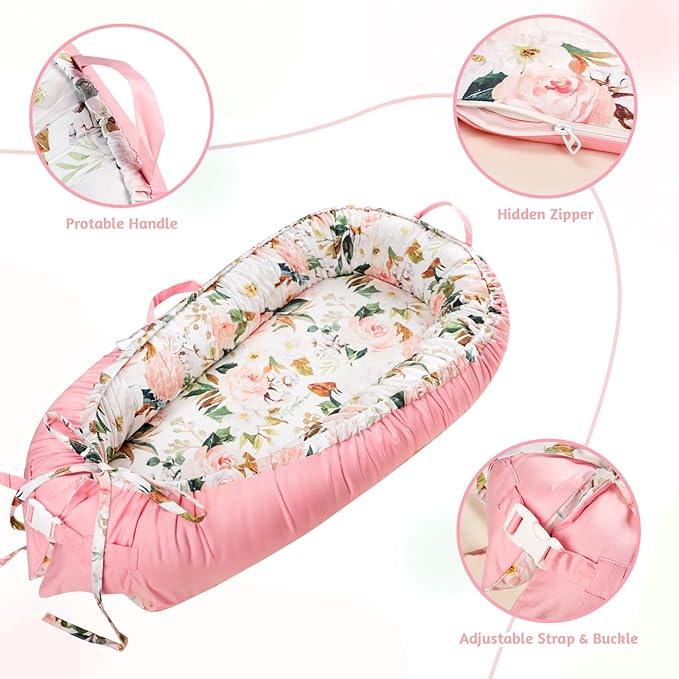 DILIMI Baby Lounger Cover, Cotton Baby Nest Replacement Cover for Girls Boys, Soft Breathable Reversible Newborn Lounger Cover, Pink Floral (Only Cover)