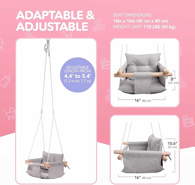 CaTeam - Canvas Baby Swing, Wooden Hanging Swing Seat Chair with Safety Belt, Durable Baby Swing Chair, Outdoor and Indoor Swing for Kids, Mounting Hardware Included, Taupe Gray