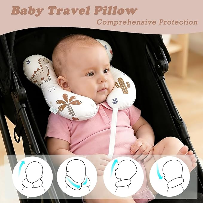 Toddler Travel Comfort Pillow for Car Seat & Stroller, Baby Reversible U-Shaped Seat Accessory, Cartoon Dinosaur