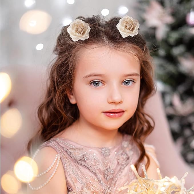 Baby Girls Floral Hair Bows Clips, 4Pcs Glitter Gold Flower Hair Barrettes Alligator Clips, Hair Accessories for Toddlers Kids Teens