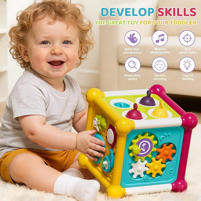 Baby Activity Cube, 6-in-1 Educational Early Development Toy with 4 Sensory Shape Blocks, Music Busy Board, Montessori Toys for 1 2 Year Old, Birthday Gift for 1 Year Old