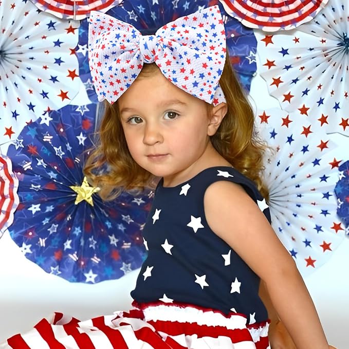 4th of July Toddler Hair Bows Headband, 7 inches Soft Stretchy Star Hair Accessories for Infant and Newborn Girls