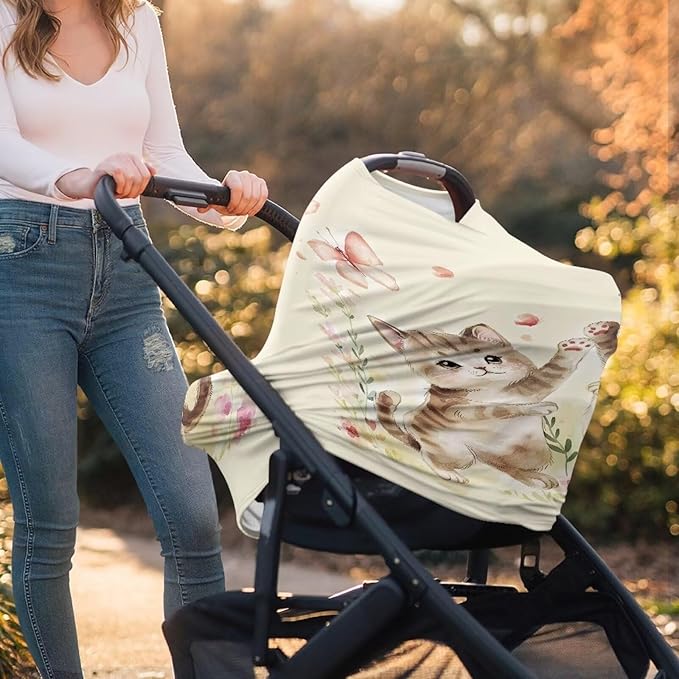 Biyejit Cat Butterfly Nursing Cover Added Privacy for Breastfeeding, Baby Car Seat, Carrier, Stroller, High Chair, Shopping Cart, Lounger Canopy - Newborn Essentials, Nursing Top