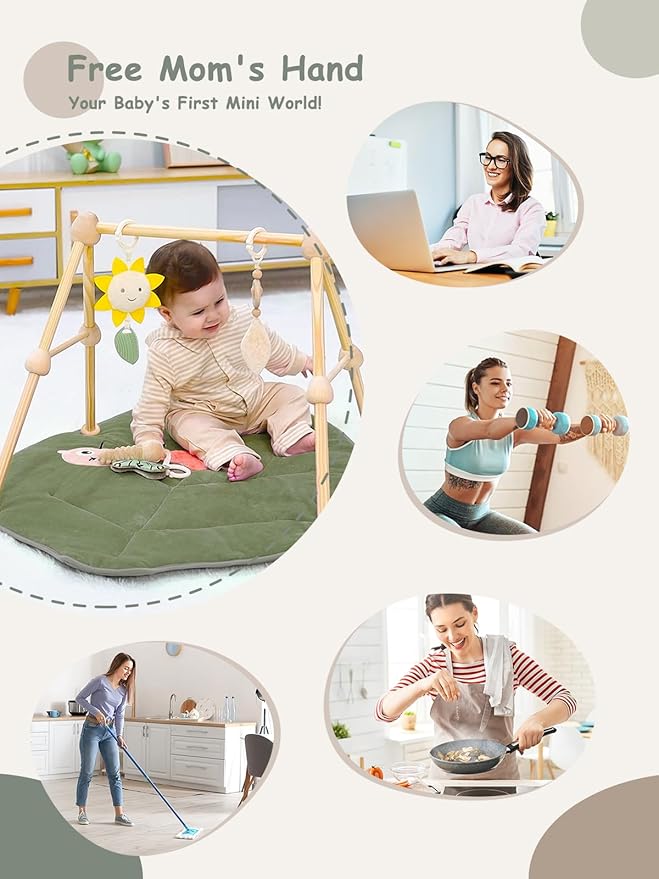 4-in-1 Wooden Baby Play Gym & Activity Mat, Soft Cotton Tummy Time Mat for Babies 0+,with 3 Detachable Toys for Sensory & Motor Skill Development,Newborn Infant Baby Essentials Gift,Leaf