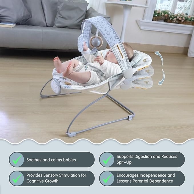 Portable Baby Bouncer Seat with 8 Melodies, 3 Vibration Levels & Adjustable Volume, Foldable Infant Bouncer Rocker with Safety Harness for Baby 0-6 Months, Indoor & Outdoor Use BR2403