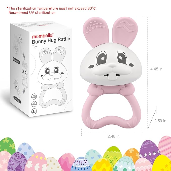 Baby's First Toy with Rattle, Easter Gifts for Babies 3 Months+, Mombella Bunny Baby Teether Toys, Easter Basket Stuffers Baby Teething Toys with Clip to Attach, Baby Chew Toys 6-12 Months, Pink