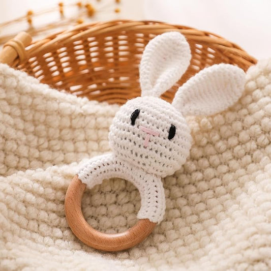 Wooden Baby Rattle，Crochet Bunny Rattle with Wood Ring, Newborn Wooden Animal Rattle Toy，Infant White Bunny Wood Rattle Toys