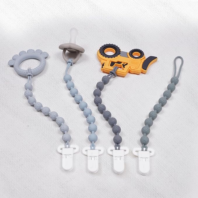 4 Pcs Gray Baby Silicone Teething Pacifier Clip,One-piece Design,Round Shape,Textured Surface,BPA Free.
