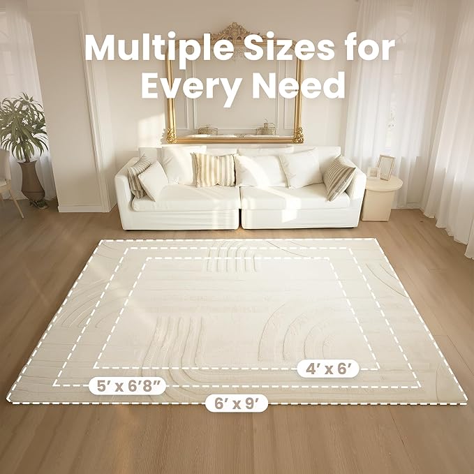 Huloo Sleep 1.3" Thick Area Rug for Living Room Bedroom, 5'×7' Kids Rug with Ultra Soft 3D Carved Faux Rabbit Fur, Non-Slip Fluffy Carpet Nursery Rug for Playroom Home Decor (Cream)
