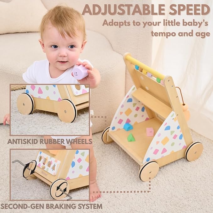 Wooden Baby Walker with Upgraded Adjustable Speed Control, Montessori Activity Push Walker with Wheels, Baby Walker Toy for Toddlers, Gift for Boys & Girls 1 Year Old