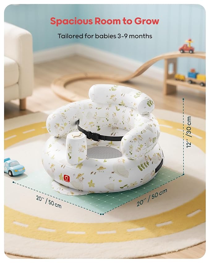 QPAU Inflatable Baby Seat with Safety Harness for Babies 3 Months & Up, Baby Floor Seats for Active Play, Blow Up Baby Chair with Built in Air Pump (Flowers)