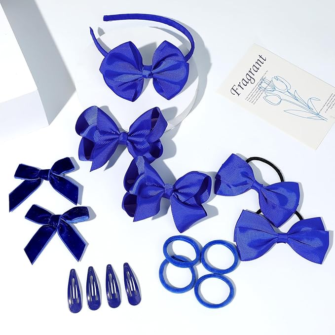 DEEKA Royal Blue 15 Pieces Hair Accessories Set - Uniform Hair Bows, Clips, Headband, Ties for Toddler School Girls
