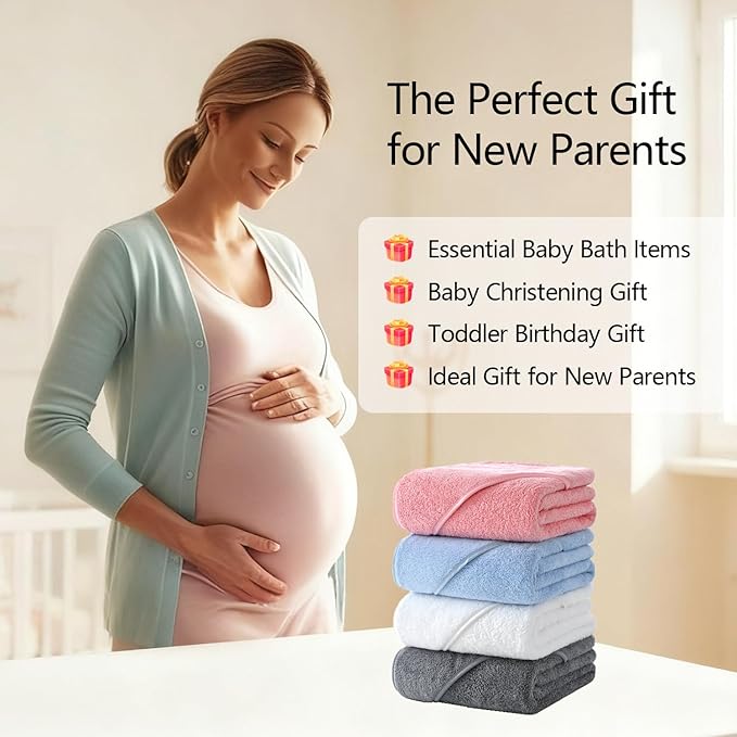 4 Pack Hooded Baby Towels, 32x32 Inch Absorbent Bath Towels, Soft Coral Fleece Hooded Towel for Newborns, Infants, and Toddlers – Baby Bath Essentials (Light Gray + Sky Blue + White + Pink)