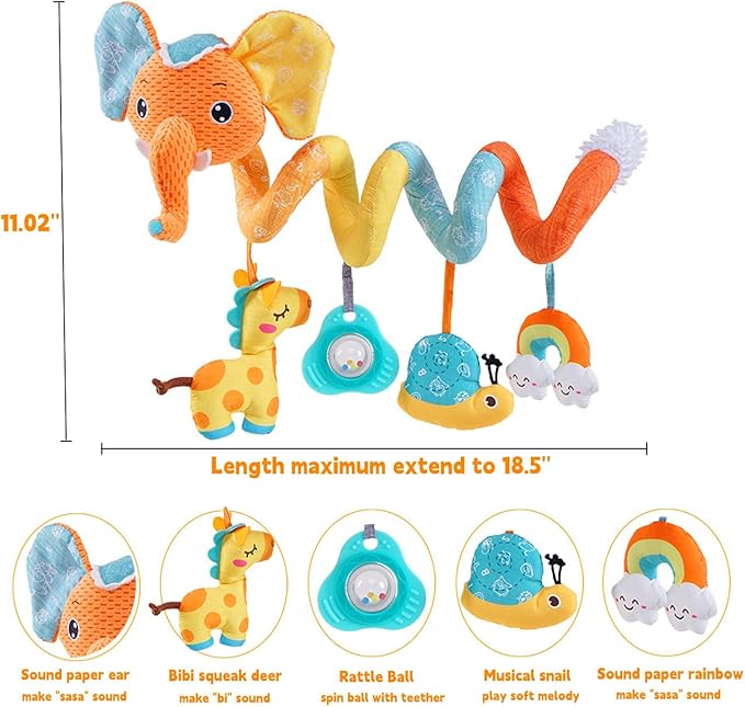 willway Car seat Hanging Toys, Baby Spiral Activity Plush Stroller Toys Baby Rattle Sensory Toys for Crib Mobile Bassinet with Music Box BB Squeaker Rattles, Infant Toys for 0 6 12 Months Gifts