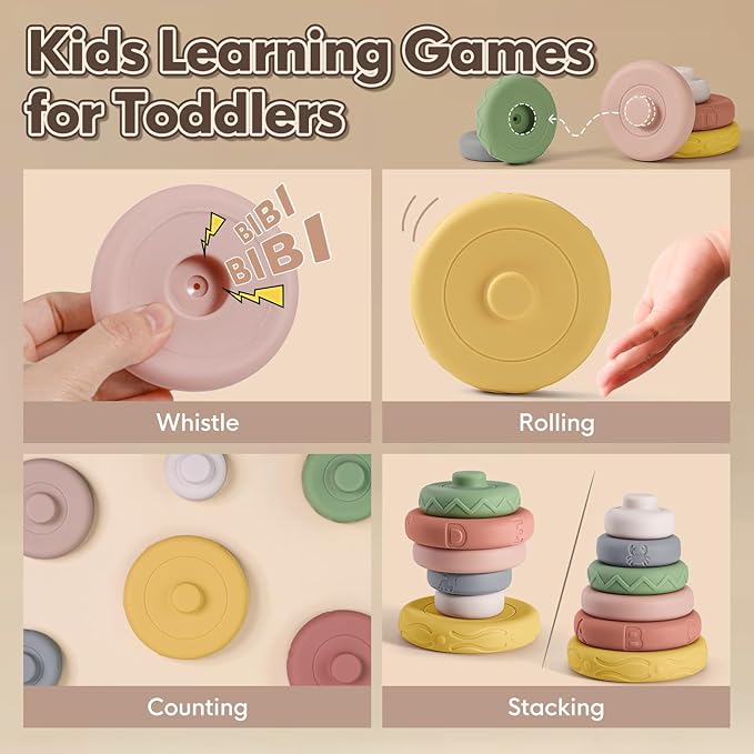 BOBXIN Baby Stacking & Nesting Rings Toy 4.7", 6pcs Soft Silicone Circle Building Stacker,Squeeze Play with Letter,Animal and Graphic,Toddler Sensory Learning Toys for Babies 6 Months+