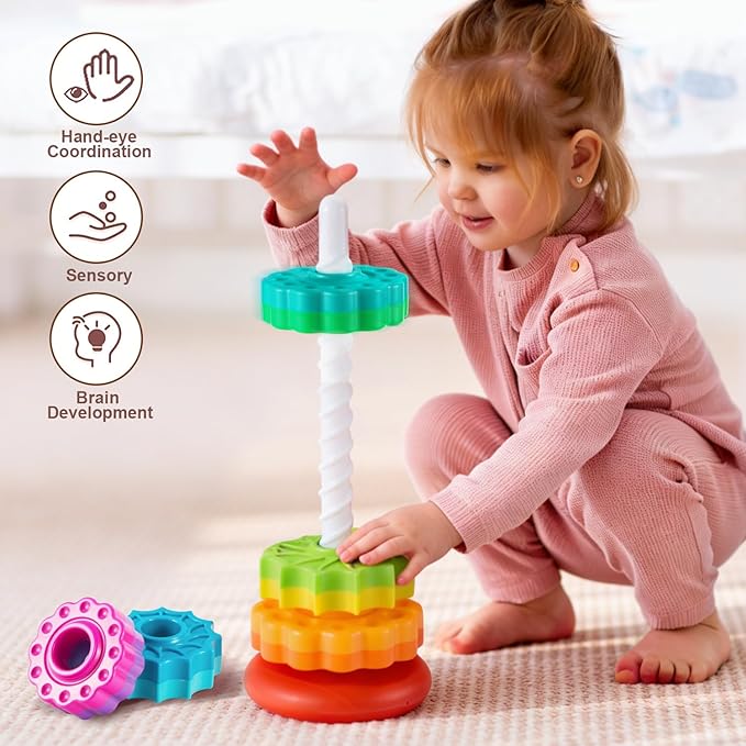 Baby Spinning Stacking Toys Sensory Toys for Toddlers 1-3, Rainbow Ring Spin Montessori Toys for Babies 6-12 Months, Autism Learning Toy for 1 2 3 One Year Old Girl Boy Christmas Birthday Gifts