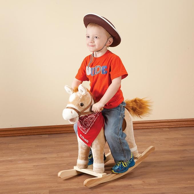 Custom Animated Rocking Horse – Soft Plush Ride-On Pony with Sounds, Movable Mouth & Tail – Includes Custom Bandana – 25" Wooden Base