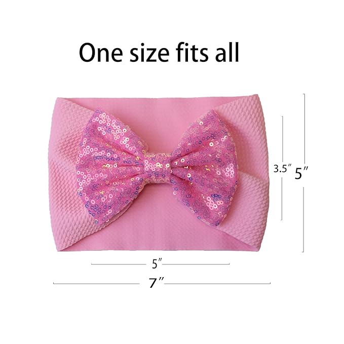 7'' Sequin Baby Headbands, Pink Big Bows for Baby Girls - Soft Stretchy Newborn Bows, Infant to Toddler Hair Accessories, 0-6Months Blue Light Pink