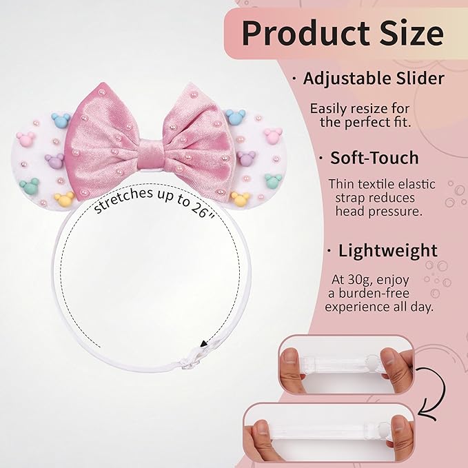 zhezesmila Adjustable Mouse Ears Headband Elastic Candy Velvet Ears with Pearls for Baby Girls, Toddlers and Women