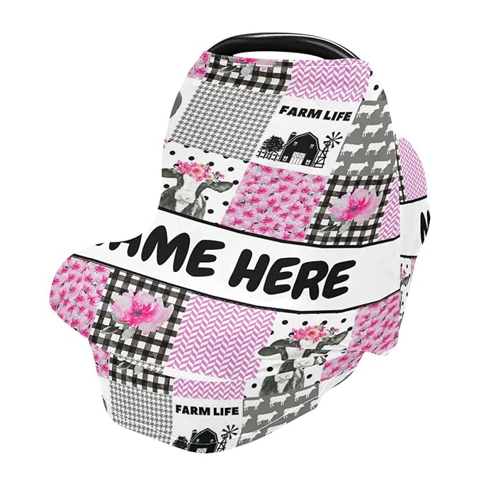 Personalized Cute Cow Pink Baby Car Seat Cover for Babies with Name, Custom Farm Theme Baby Car Seats Canopy for Girls, Nursing Breastfeeding Stroller Covers Infant Car Seat Blanket for Newborn