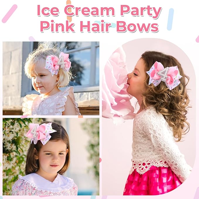 2PCS Hair Bows for Baby Girls Birthday - 4th Birthday Hair Bow Sweet Theme with Ice Cream Party, Pink Hair Accessories for Baby Toddler 1 2 3 4 5 6 Years, Outfit & Decorations