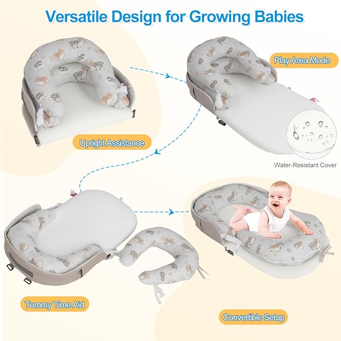 Portable Baby Lounger & Tummy Time with Zip-Up Carry Bag, Infant Support Cushion for Newborns to Toddlers (Leaf)