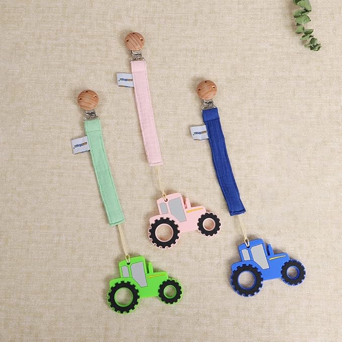 Baby Food Grade Silicone Tractor Car Teether Toy with Pacifier Clip Holder,Teething Pain Relief Toys Gift Set for 3 Months+ Boys and Girls,Freezer Safe,BPA Free (Blue)