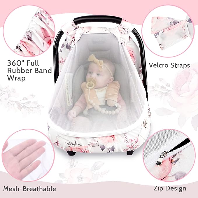 Carseat Cover Girls, Floral Baby Carseat Canopy with Zipper Mesh, Infant Stroller Cover, Watercolor Pink Flower