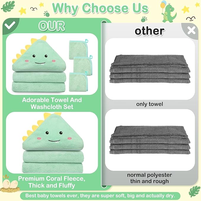 4 PCS Hooded Baby Towels, Soft Baby Towel, Absorbent Baby Bath Towel, Baby Towels and 3 PCS Baby Washcloths for Newborns, Toddlers, and Kids, 32x32 in Baby Towel with Hood for Boy and Girl (Dinosaur)