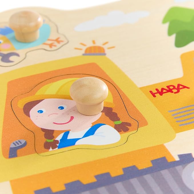 HABA Construction Site Gripping Puzzle - First Wooden Puzzle with Big Buttons - Recognize Excavator & Shovel - for Children from 12 Months - 2012171001