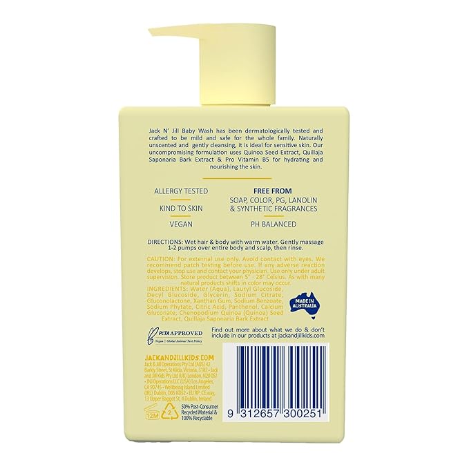 Jack N' Jill Natural Bathtime Baby Wash - Baby Wash for Sensitive Skin, Hypoallergenic, Fragrance Free, Dermatologically Tested, Perfect for Newborns, Vegan - Scent Free, 300 mL (Pack of 1)