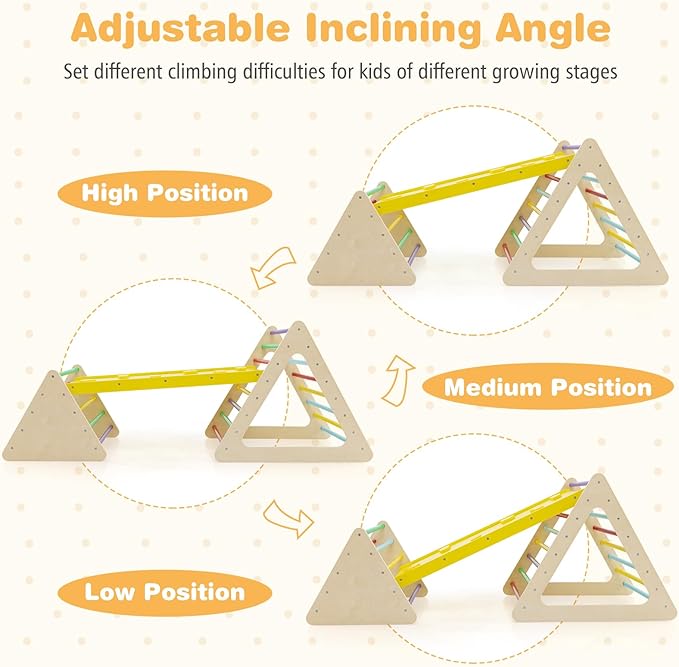 HONEY JOY Pikler Triangle Set, 5 in 1 Montessori Wooden Triangle Climber w/ 2 Stackable Ladders & Climbing Ramp, 3-Piece Baby Indoor Playground Jungle Gym, Climbing Toy for Toddlers, Colorful