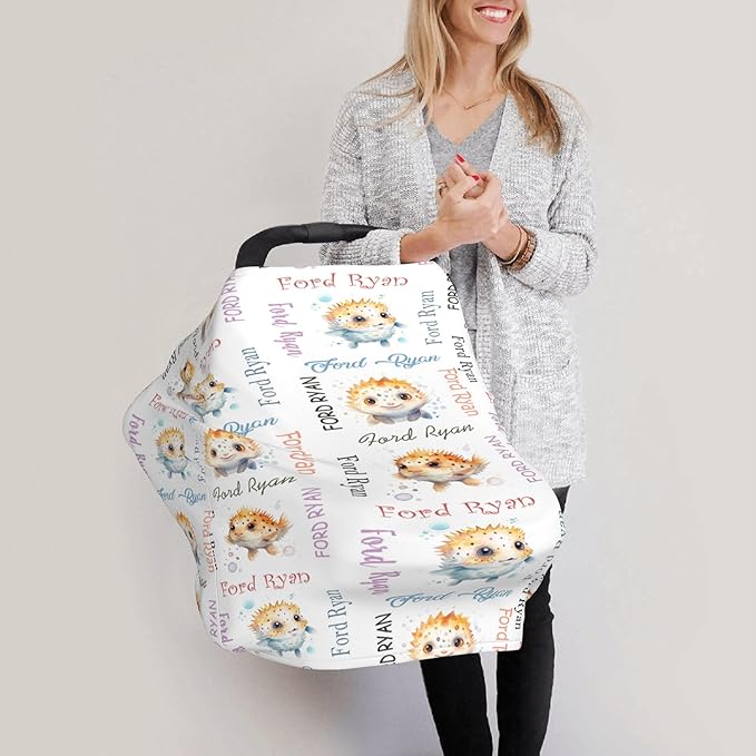 Personalized Baby Car Seat Cover with Name Stroller Canopy Custom Pufferfish Carseat Cover Newborn Baby Boy Girl Nursing Cover for Moms First Birthday Gift