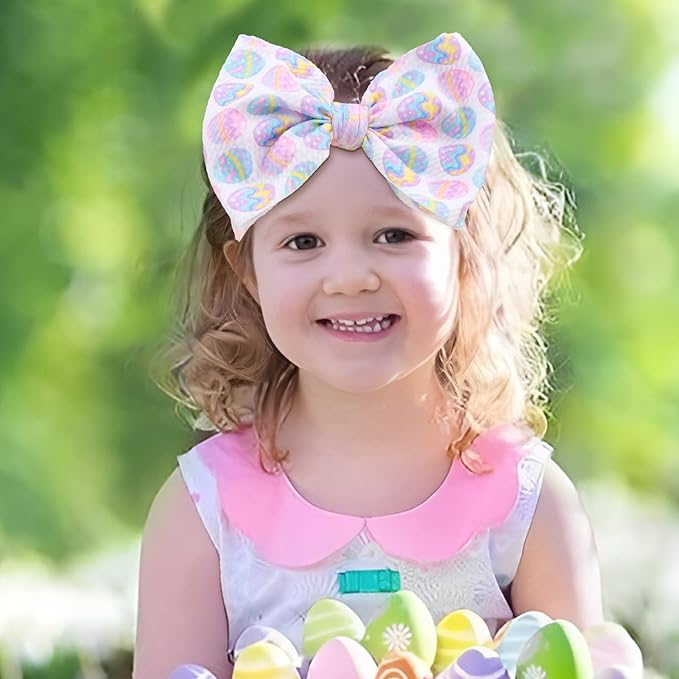 YanJie Easter Headbands Bow Purple Pink Egg Carrots Printed Nylon Hairbands Cheer Bows Big Easter Hair Accessories Infant Easter Gifts