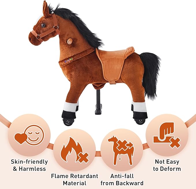 Ride on Horse Toy for Kids Riding Horse Pony Rider Mechanical Cycle Walking Action Plush Animal for 3 to 4 Years, No Battery or Electricity,Max Load 132 LBS, Small Size