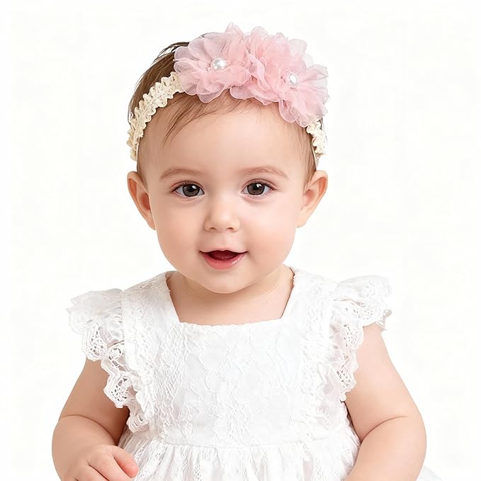 Handmade Baby Girl Headbands in Beige and Pink Lace Flowers for Newborns and Toddlers Cute Baby Girl Flowers and Newborn Headbands (Pink Lace Pearl Flowers, One Size)