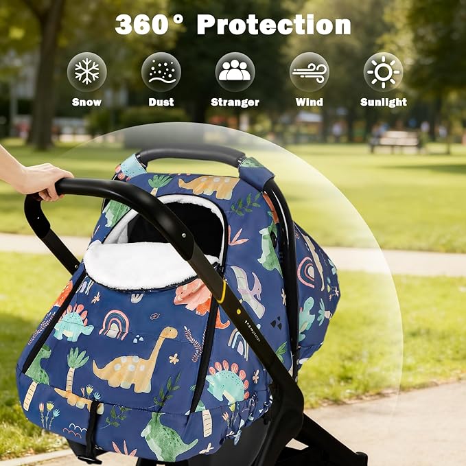 Winter Baby Car Seat Cover for Boys Girls, Warm and Cozy Infant Carseat Cover for Babies, Thickening Carseat Canopy Cover, Snow Resistant for Newborn Carrier Cover, Blue Dinosaur