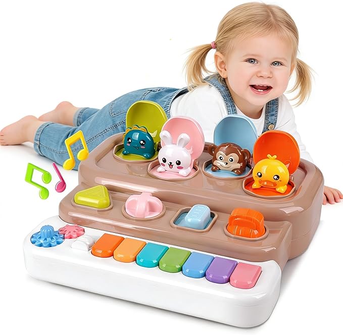 Pop Up Music Toy with Piano Keyboard - Interactive Cause and Effect Animal Game for 1-3 Year Olds, STEM Learning Educational Baby Toy with Music & Lights for Toddlers 6-12 Months