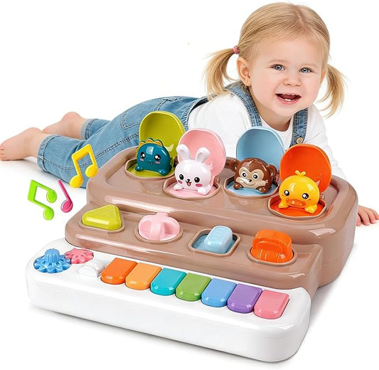 Pop Up Music Toy with Piano Keyboard - Interactive Cause and Effect Animal Game for 1-3 Year Olds, STEM Learning Educational Baby Toy with Music & Lights for Toddlers 6-12 Months